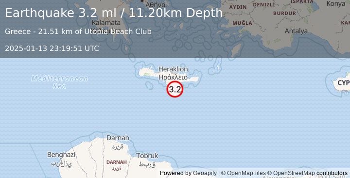 Earthquake CRETE, GREECE (3.2 ml) (2025-01-13 23:19:51 UTC)