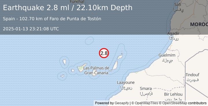 Earthquake CANARY ISLANDS, SPAIN REGION (2.8 ml) (2025-01-13 23:21:08 UTC)