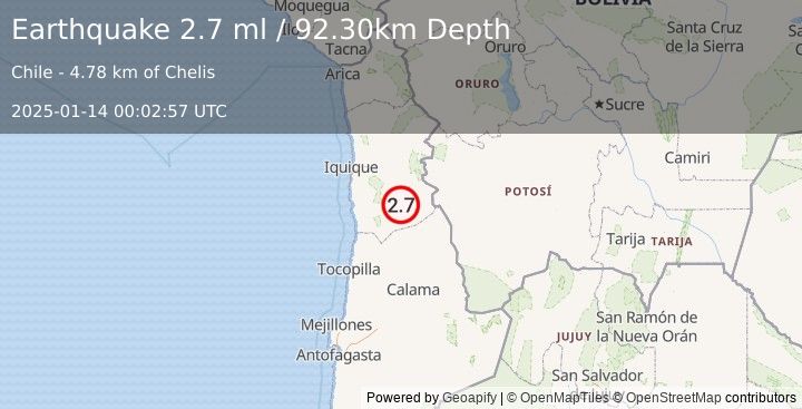 Earthquake TARAPACA, CHILE (2.7 ml) (2025-01-14 00:02:57 UTC)