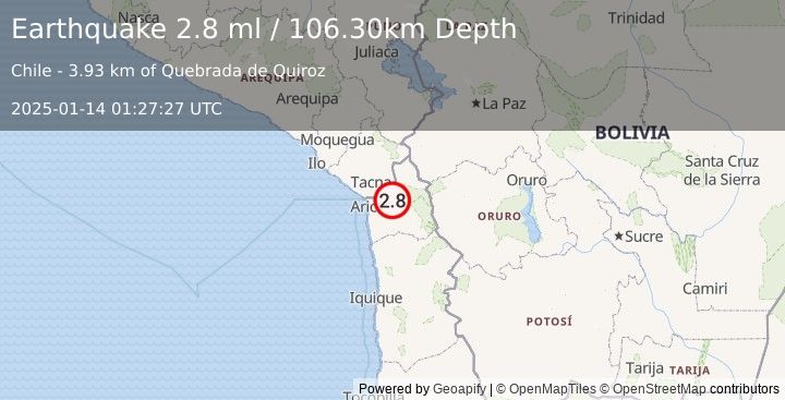 Earthquake TARAPACA, CHILE (2.8 ml) (2025-01-14 01:27:27 UTC)