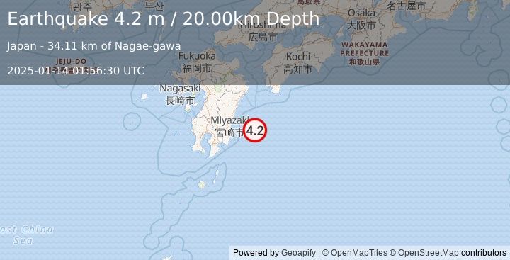 Earthquake SOUTHEAST OF SHIKOKU, JAPAN (4.2 m) (2025-01-14 01:56:30 UTC)