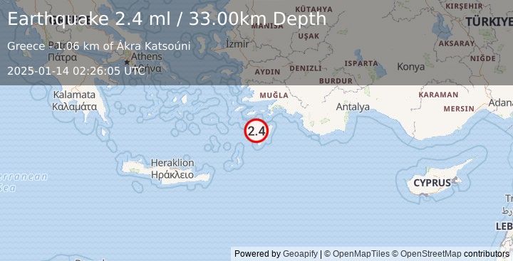 Earthquake DODECANESE IS.-TURKEY BORDER REG (2.4 ml) (2025-01-14 02:26:04 UTC)