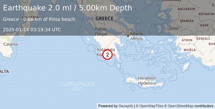 Earthquake SOUTHERN GREECE (2.0 ml) (2025-01-14 03:19:34 UTC)