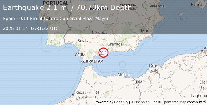 Earthquake STRAIT OF GIBRALTAR (2.1 ml) (2025-01-14 03:31:32 UTC)