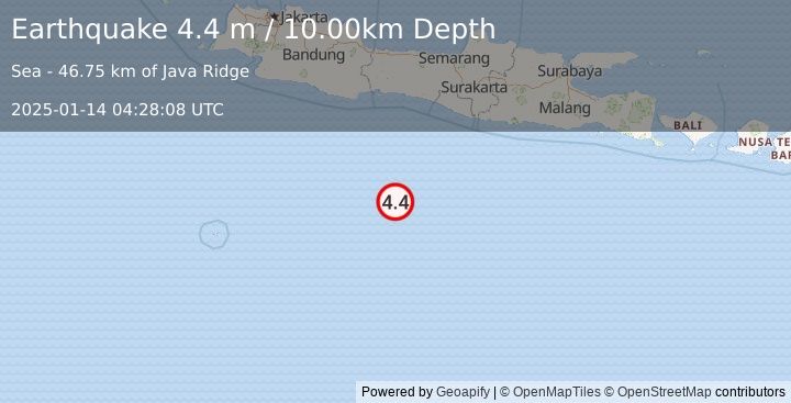 Earthquake SOUTH OF JAVA, INDONESIA (4.4 m) (2025-01-14 04:28:08 UTC)