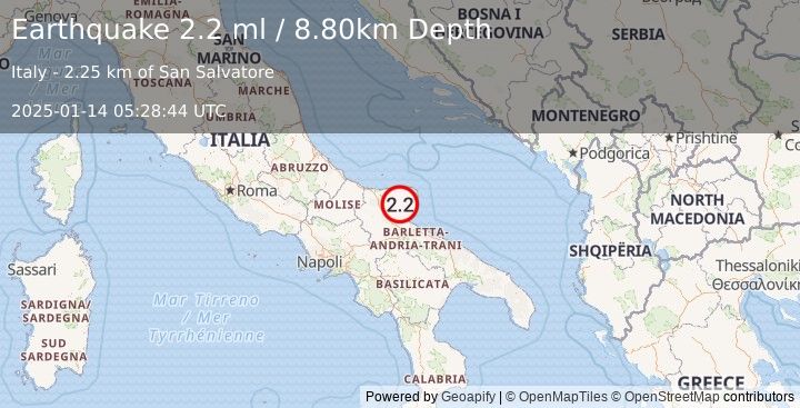 Earthquake SOUTHERN ITALY (2.2 ml) (2025-01-14 05:28:44 UTC)