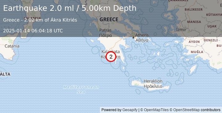 Earthquake SOUTHERN GREECE (2.0 ml) (2025-01-14 06:04:18 UTC)