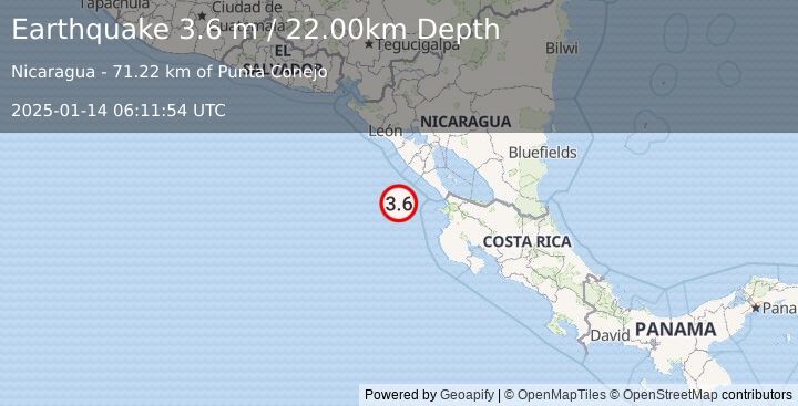 Earthquake NEAR COAST OF NICARAGUA (3.6 m) (2025-01-14 06:11:54 UTC)