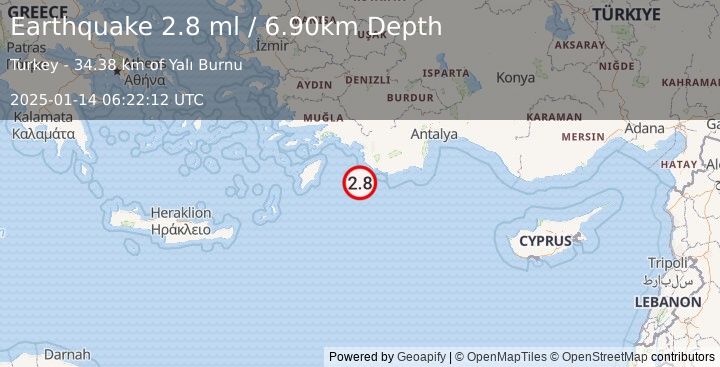 Earthquake WESTERN TURKEY (2.8 ml) (2025-01-14 06:22:12 UTC)