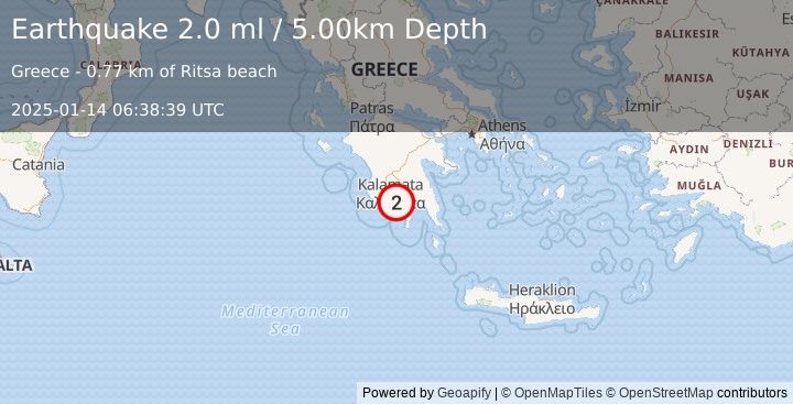 Earthquake SOUTHERN GREECE (2.0 ml) (2025-01-14 06:38:39 UTC)