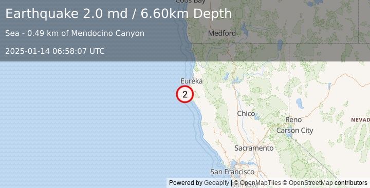 Earthquake OFFSHORE NORTHERN CALIFORNIA (2.0 md) (2025-01-14 06:58:07 UTC)