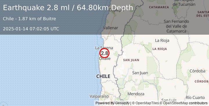 Earthquake COQUIMBO, CHILE (2.8 ml) (2025-01-14 07:02:05 UTC)