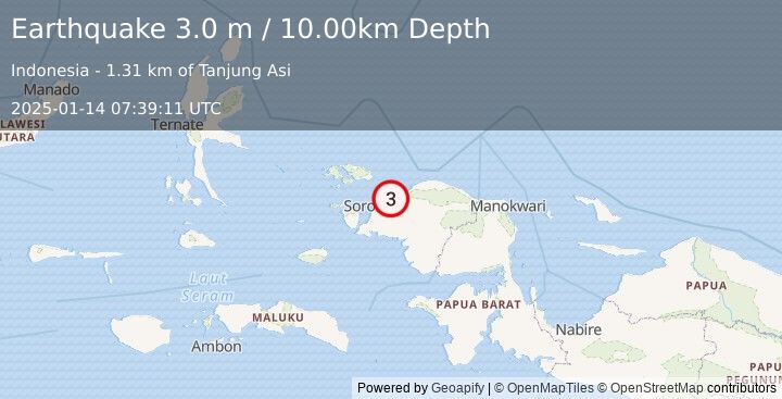 Earthquake NEAR N COAST OF PAPUA, INDONESIA (3.0 m) (2025-01-14 07:39:11 UTC)