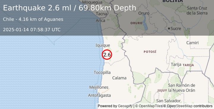 Earthquake TARAPACA, CHILE (2.6 ml) (2025-01-14 07:58:37 UTC)