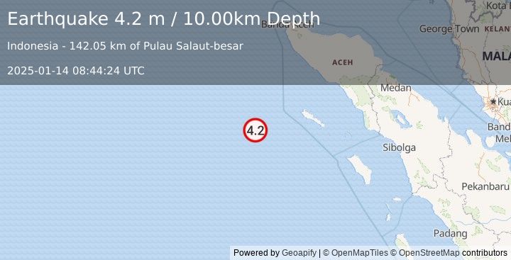 Earthquake OFF W COAST OF NORTHERN SUMATRA (4.2 m) (2025-01-14 08:44:24 UTC)