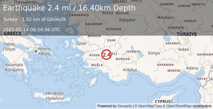 Earthquake WESTERN TURKEY (2.4 ml) (2025-01-14 08:54:56 UTC)