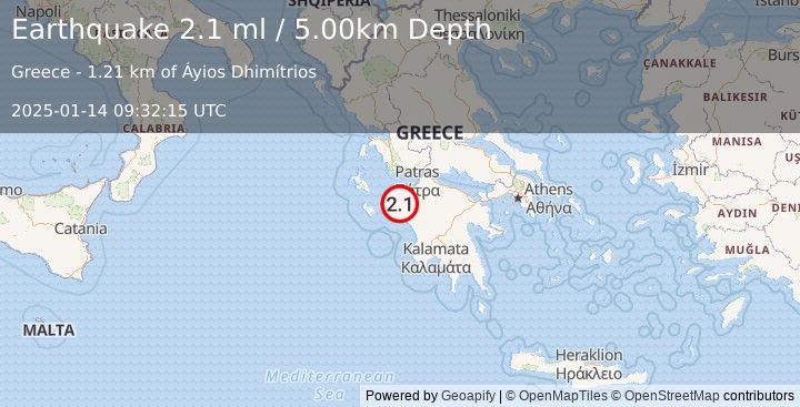 Earthquake SOUTHERN GREECE (2.1 ml) (2025-01-14 09:32:15 UTC)