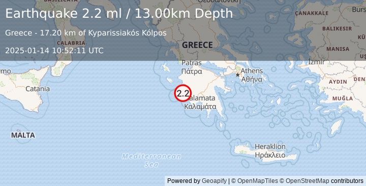 Earthquake SOUTHERN GREECE (2.2 ml) (2025-01-14 10:52:11 UTC)