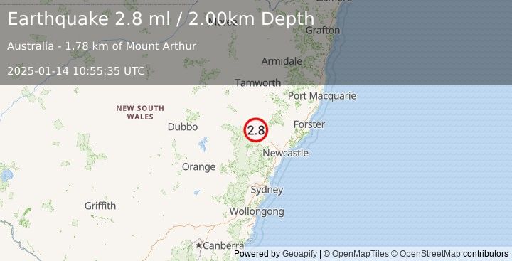 Earthquake NEW SOUTH WALES, AUSTRALIA (2.8 ml) (2025-01-14 10:55:35 UTC)