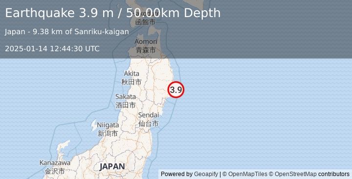 Earthquake NEAR EAST COAST OF HONSHU, JAPAN (3.9 m) (2025-01-14 12:44:30 UTC)