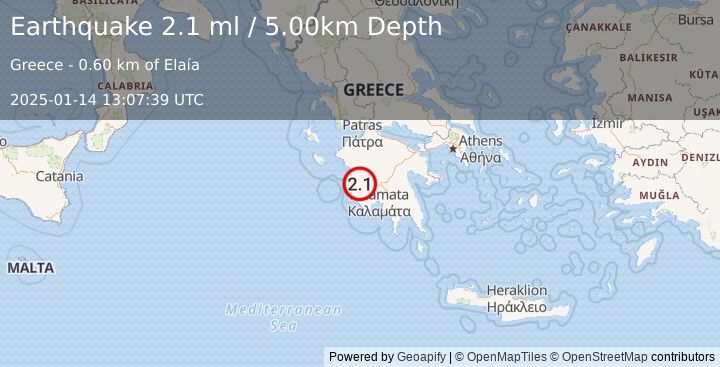 Earthquake SOUTHERN GREECE (2.1 ml) (2025-01-14 13:07:39 UTC)