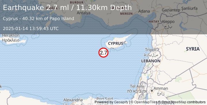 Earthquake CYPRUS REGION (2.7 ml) (2025-01-14 13:59:43 UTC)