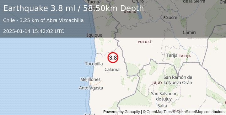 Earthquake ANTOFAGASTA, CHILE (3.8 ml) (2025-01-14 15:42:02 UTC)