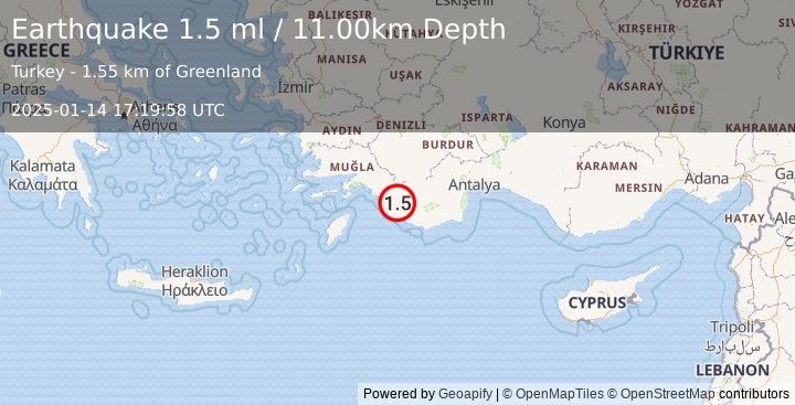 Earthquake WESTERN TURKEY (1.5 ml) (2025-01-14 17:19:58 UTC)