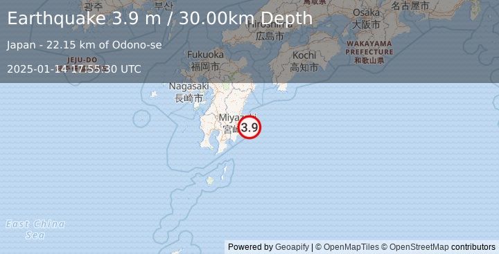 Earthquake KYUSHU, JAPAN (3.9 m) (2025-01-14 17:55:30 UTC)