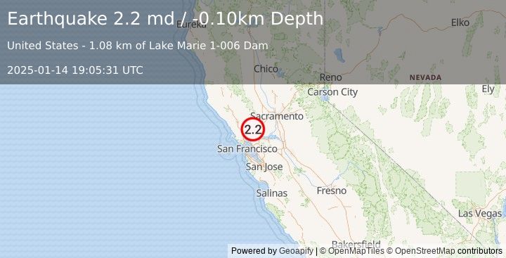 Earthquake NORTHERN CALIFORNIA (2.2 md) (2025-01-14 19:05:31 UTC)