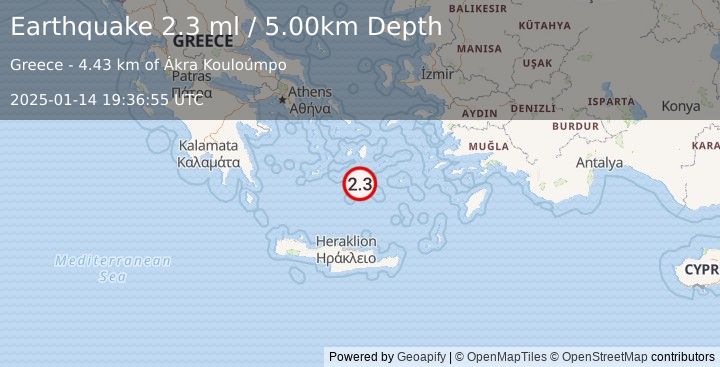 Earthquake DODECANESE ISLANDS, GREECE (2.3 ml) (2025-01-14 19:36:55 UTC)