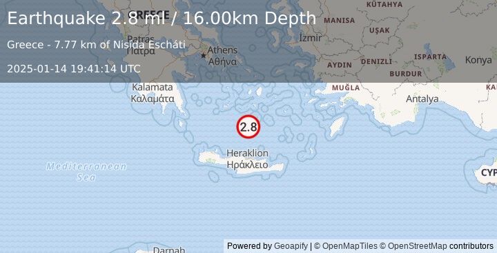 Earthquake DODECANESE ISLANDS, GREECE (2.8 ml) (2025-01-14 19:41:14 UTC)