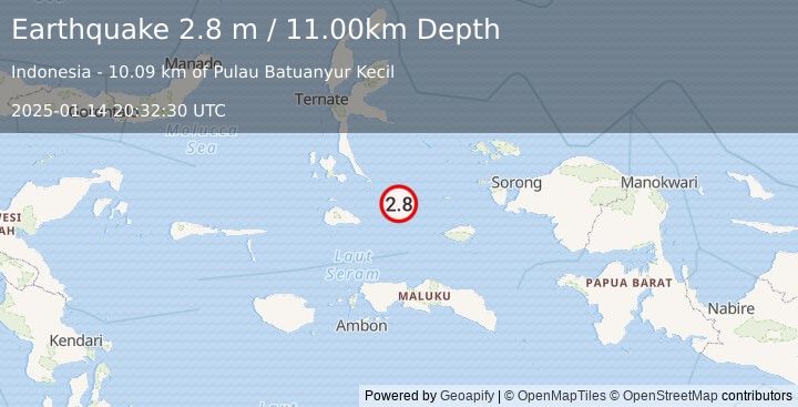 Earthquake KEPULAUAN OBI, INDONESIA (2.8 m) (2025-01-14 20:32:30 UTC)