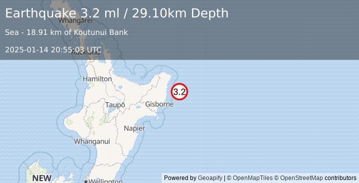 Earthquake OFF E. COAST OF N. ISLAND, N.Z. (3.2 ml) (2025-01-14 20:55:03 UTC)