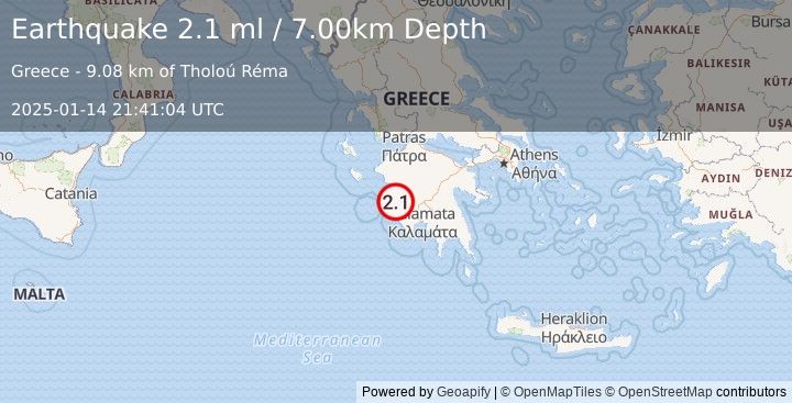 Earthquake SOUTHERN GREECE (2.1 ml) (2025-01-14 21:41:04 UTC)