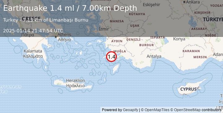 Earthquake DODECANESE IS.-TURKEY BORDER REG (1.4 ml) (2025-01-14 21:47:54 UTC)