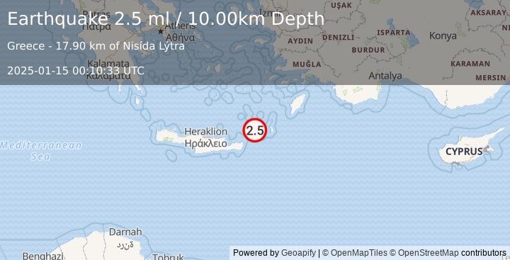 Earthquake CRETE, GREECE (2.5 ml) (2025-01-15 00:10:33 UTC)