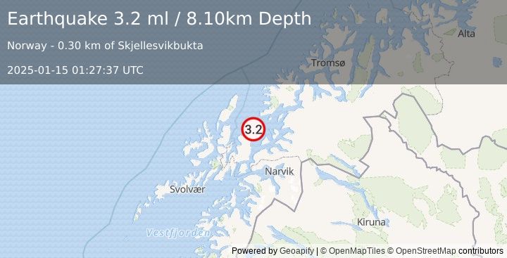 Earthquake NORTHERN NORWAY (3.2 ml) (2025-01-15 01:27:37 UTC)