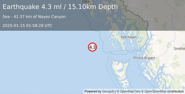 Earthquake HAIDA GWAII REGION (4.3 ml) (2025-01-15 01:58:28 UTC)