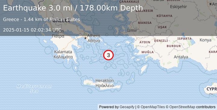 Earthquake DODECANESE ISLANDS, GREECE (3.0 ml) (2025-01-15 02:02:33 UTC)