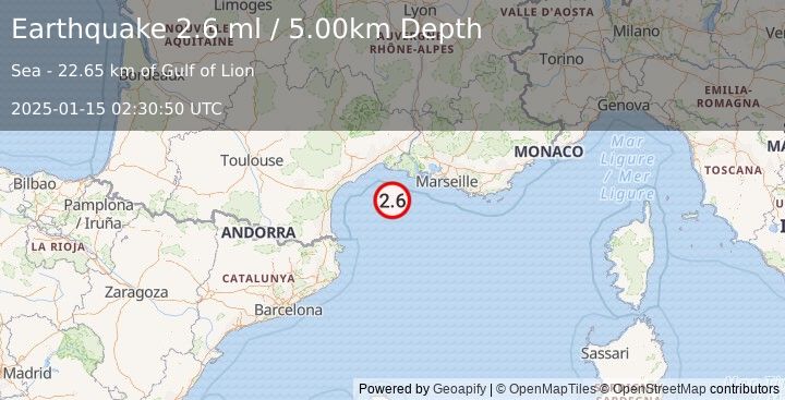 Earthquake NEAR SOUTH COAST OF FRANCE (2.6 ml) (2025-01-15 02:30:50 UTC)