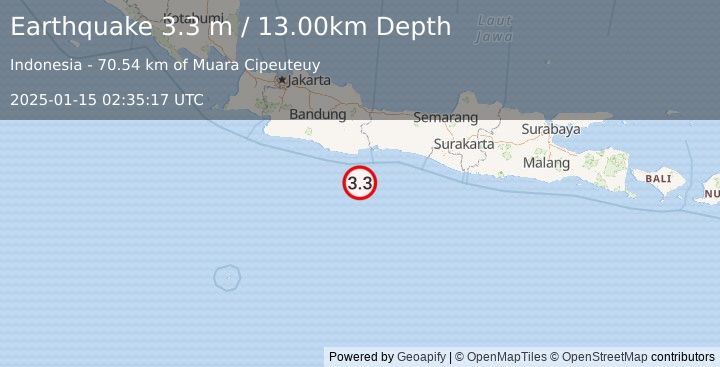 Earthquake JAVA, INDONESIA (3.3 m) (2025-01-15 02:35:17 UTC)