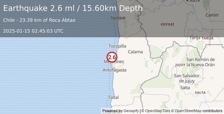 Earthquake OFFSHORE ANTOFAGASTA, CHILE (2.6 ml) (2025-01-15 02:45:03 UTC)