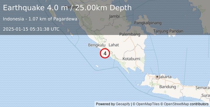 Earthquake SOUTHERN SUMATRA, INDONESIA (4.0 m) (2025-01-15 05:31:38 UTC)