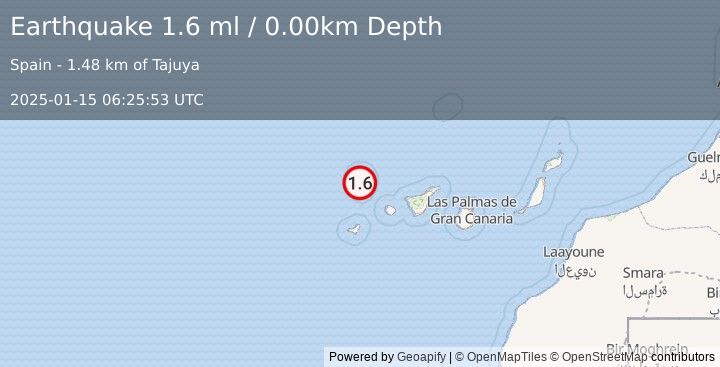 Earthquake CANARY ISLANDS, SPAIN REGION (1.6 ml) (2025-01-15 06:25:53 UTC)