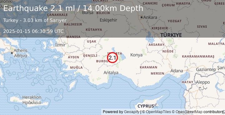 Earthquake WESTERN TURKEY (2.1 ml) (2025-01-15 06:30:59 UTC)