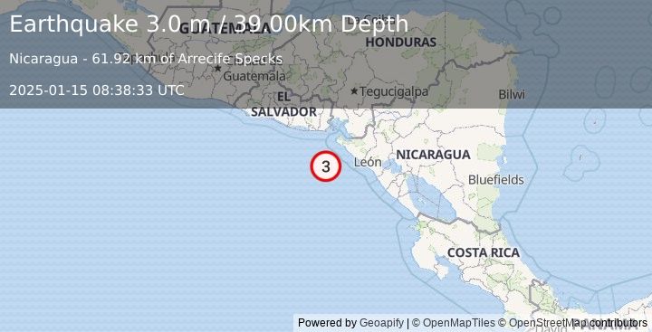 Earthquake NEAR COAST OF NICARAGUA (3.0 m) (2025-01-15 08:38:33 UTC)