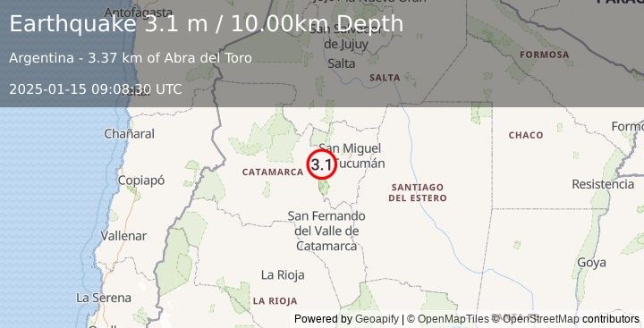 Earthquake TUCUMAN, ARGENTINA (3.1 m) (2025-01-15 09:08:30 UTC)