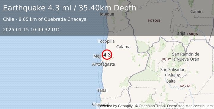 Earthquake ANTOFAGASTA, CHILE (4.3 ml) (2025-01-15 10:49:33 UTC)