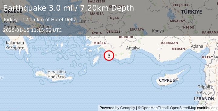 Earthquake DODECANESE IS.-TURKEY BORDER REG (3.0 ml) (2025-01-15 11:15:56 UTC)